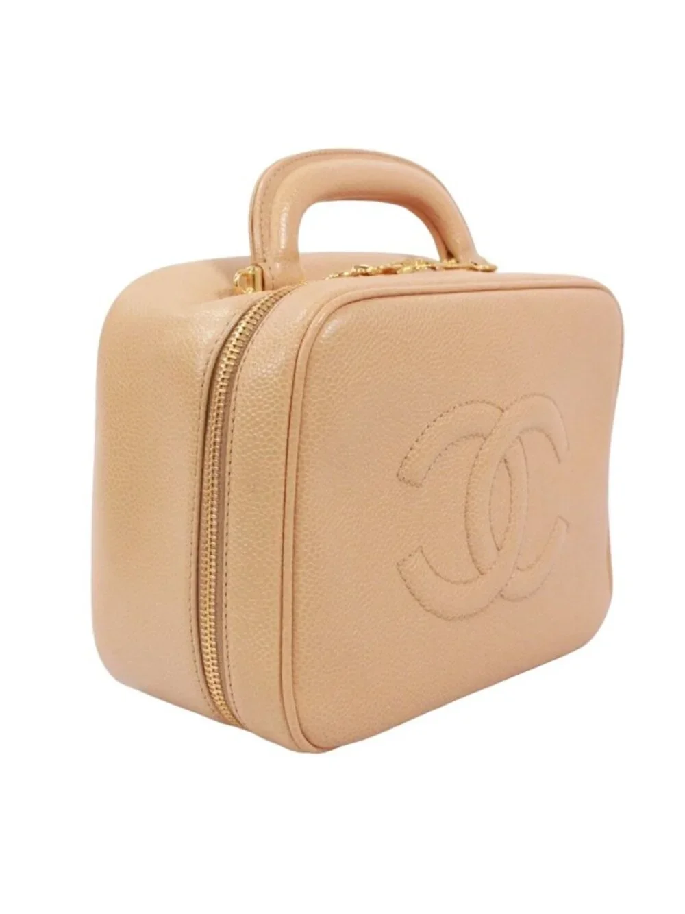 Chanel CC Logo Vanity Bag Caviar Leather Beige Handbag Gold